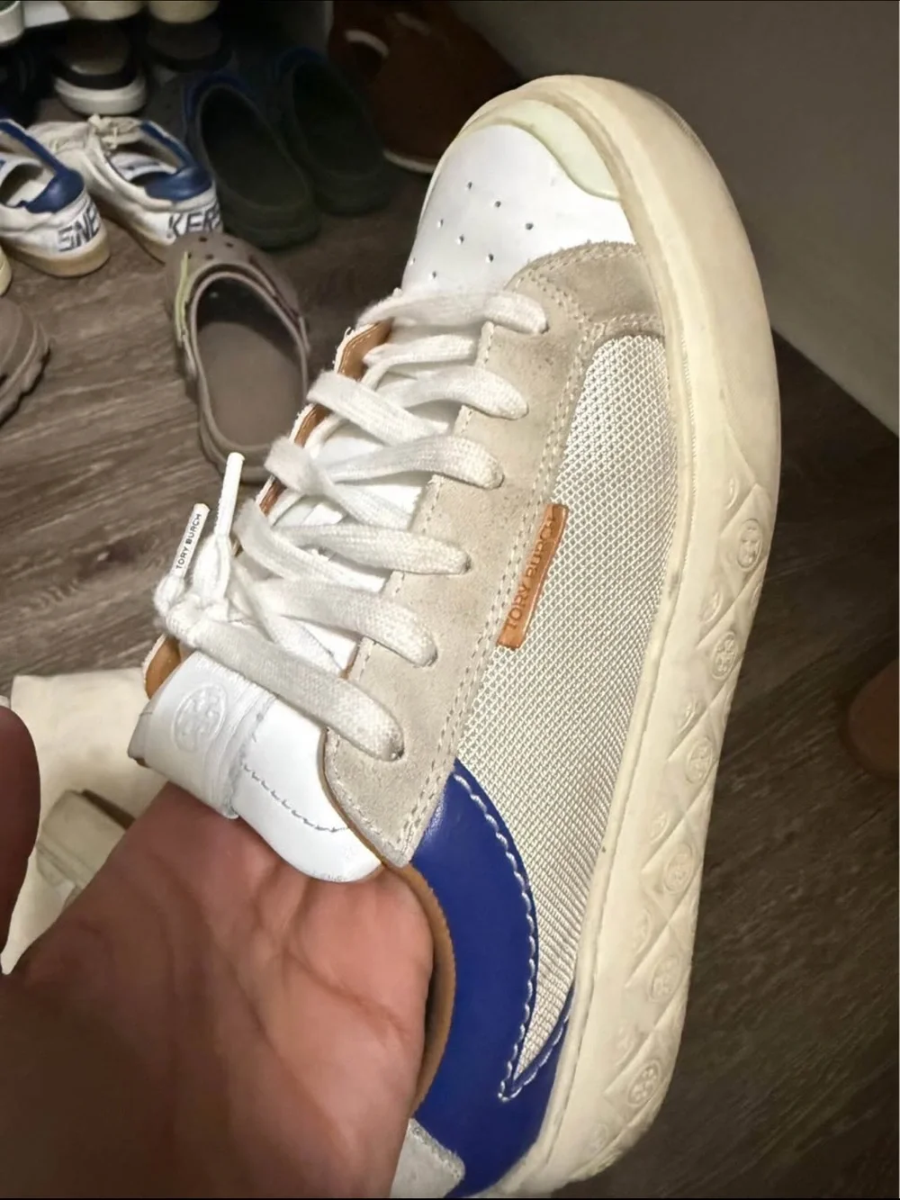 Tory Burch White Canvas Sneakers with Blue Heel and Tan Lining